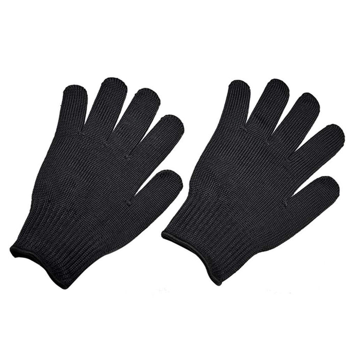 Pair of black knitted protective gloves laid flat showing textured fabric construction