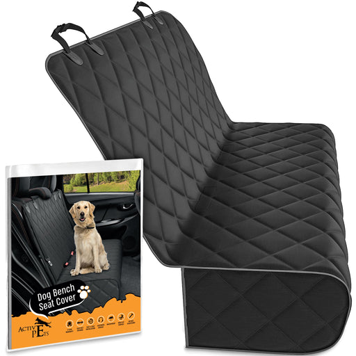Black quilted dog bench seat cover unfolded beside product packaging with golden retriever