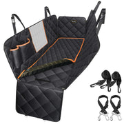 Black quilted dog car seat hammock cover with orange trim straps and safety belt accessories
