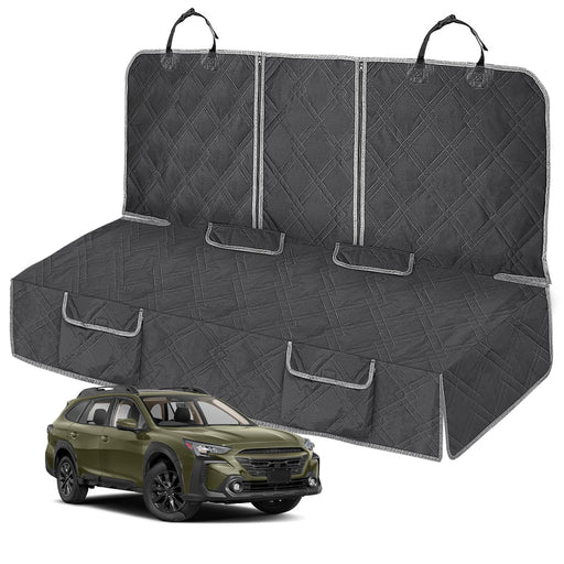 Black quilted dog car seat cover shown flat with Subaru Outback SUV in olive green