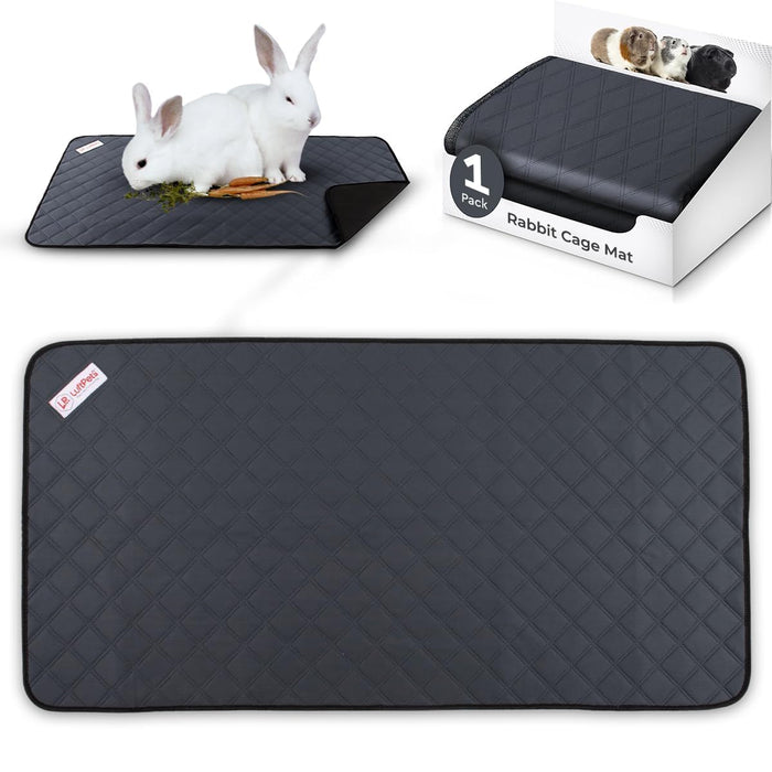 Black quilted rabbit cage mat shown with white rabbits and product packaging on white background