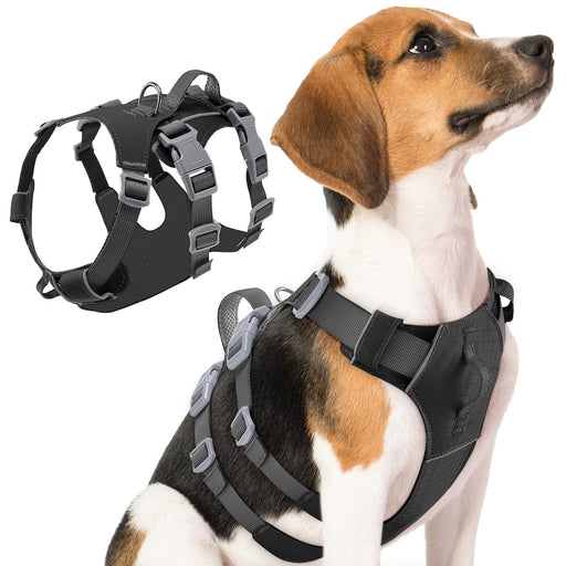 Beagle wearing black reflective dog harness with gray buckles shown with standalone harness view