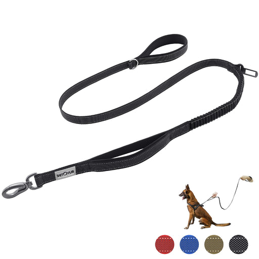 Black reflective dog leash with dual handles and bungee section, color swatches below