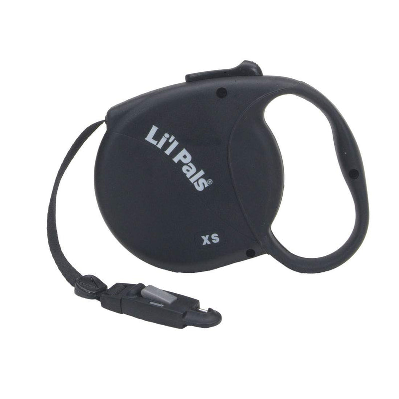 Black retractable dog leash with Li'l Pals branding and XS size marking, showing handle and clip