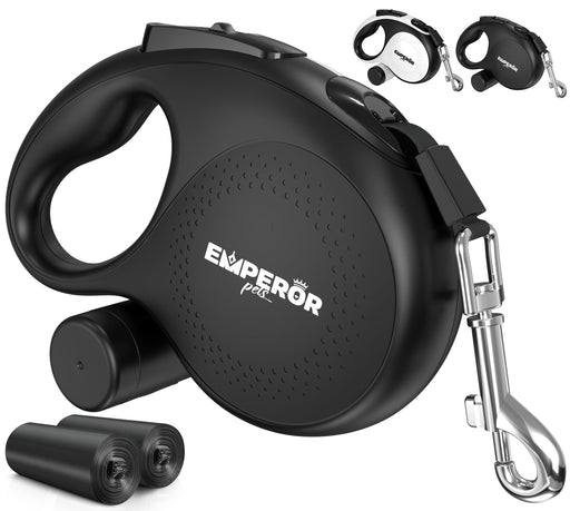 Black retractable dog leash with EMPEROR pets branding, metal clip, and waste bag dispenser