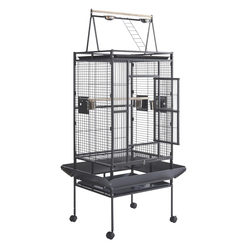 Large black metal bird cage with play top, open doors, and rolling base on wheels
