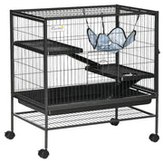 Black multi-level rolling pet cage with platforms, hammock, and wheels on white background