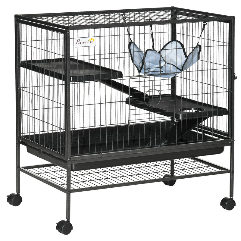 Black multi-level rolling pet cage with platforms, hammock, and wheels on white background