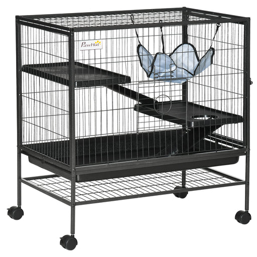 Black multi-level rolling pet cage with platforms, hammock, and wheels on white background