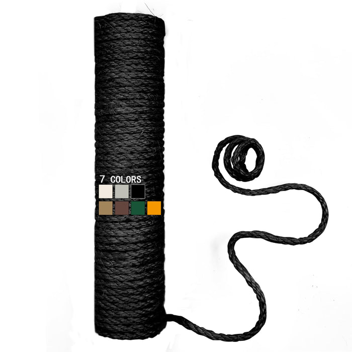 Black sisal rope spool with unwound rope showing braided texture and 7 color options chart