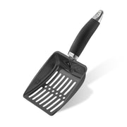 Black stainless steel cat litter scoop with ergonomic handle shown at an angle