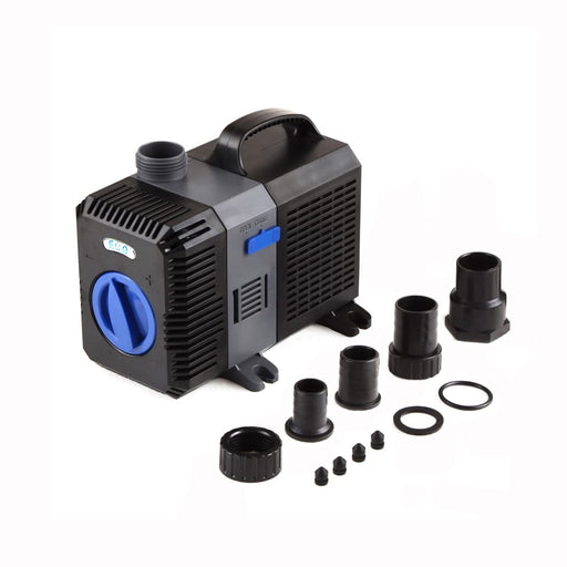 Black submersible water pump with blue accents and complete installation kit with fittings