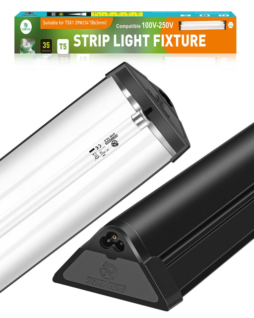Close-up angled view of black T5 strip light fixture showing triangular base and power connector