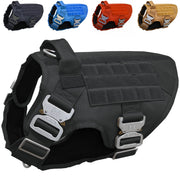 Black tactical dog harness with metal buckles and MOLLE webbing shown from side angle