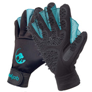 Black and teal pet grooming gloves with rubber massage tips and circular logo design