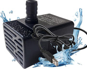 Black USB aquarium pump with filter cage and water outlet tube surrounded by blue water splashes