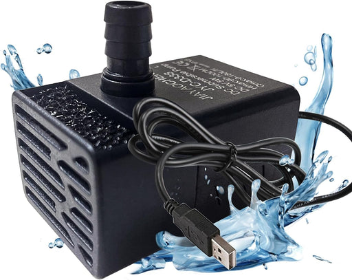 Black USB aquarium pump with filter cage and water outlet tube surrounded by blue water splashes