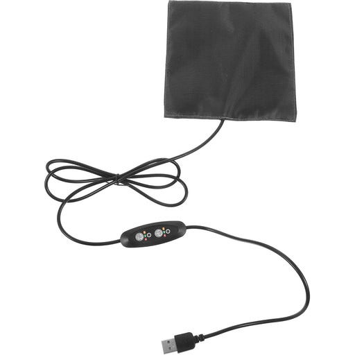 Black square heating pad with USB cable and inline controller with LED indicators