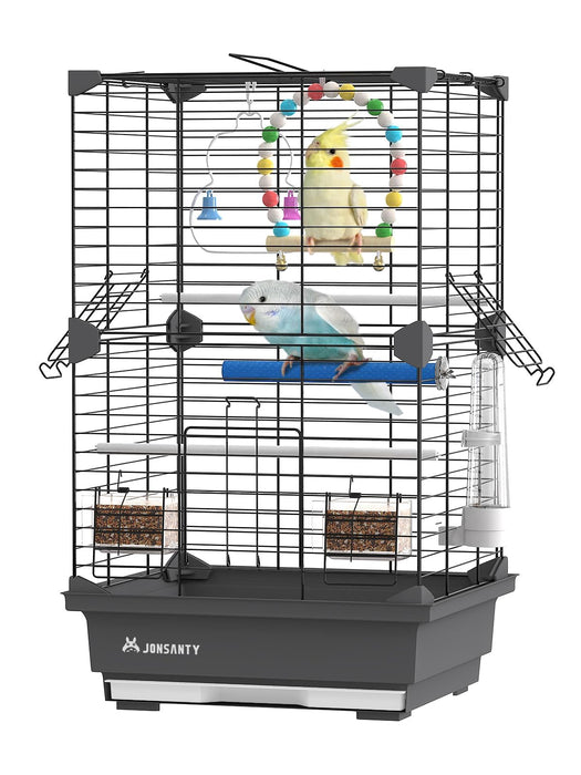 Black wire bird cage with two colorful cockatiels, toys, perches, and feeding accessories