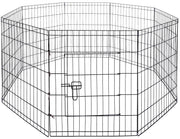 Black wire dog exercise pen with octagonal shape, door latch visible, shown from front angle