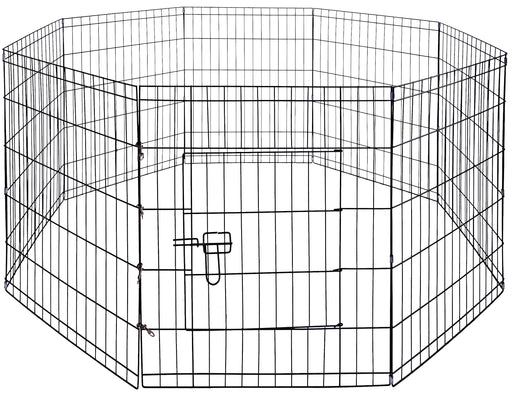 Black wire dog exercise pen with octagonal shape, door latch visible, shown from front angle