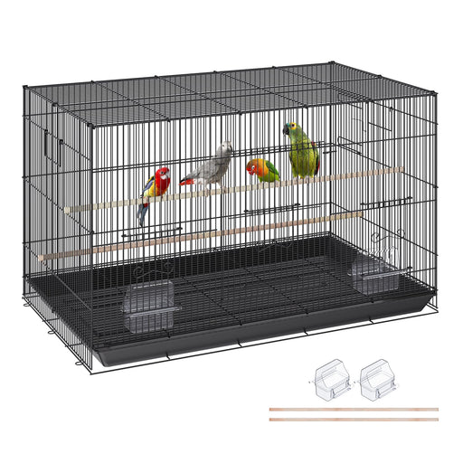 Black wire flight bird cage with colorful parrots inside, showing feeding bowls and perches