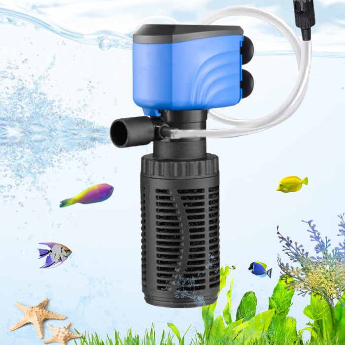 Blue and black aquarium filter with intake tube in underwater scene with colorful fish and plants