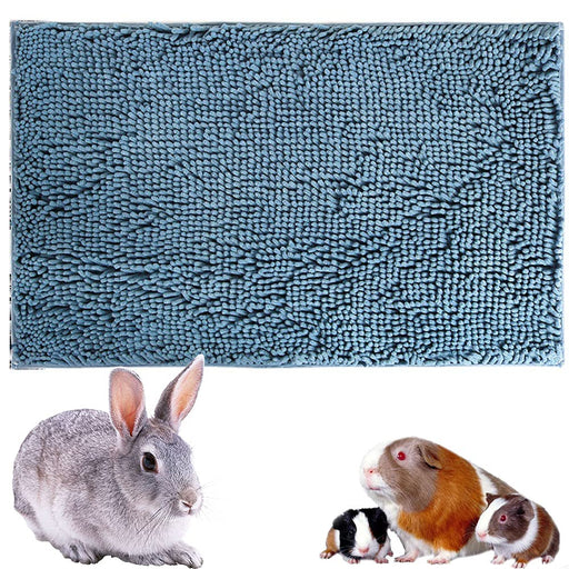 Blue chenille bath mat with small rabbit and guinea pigs showing size comparison