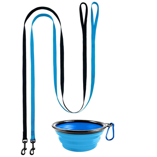Blue and black nylon dog leashes with two clips and a collapsible blue silicone travel bowl