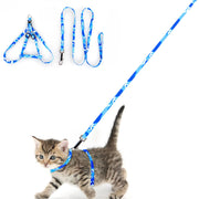 Blue camouflage cat harness and leash set with tabby kitten wearing harness on white background