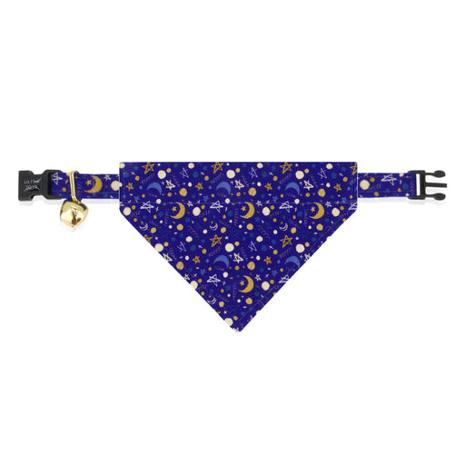 Blue bandana collar with celestial pattern of moons, stars and dots, featuring gold bell