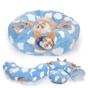 Blue cloud pattern cat tunnel bed with two kittens, one inside tunnel opening with cat ears