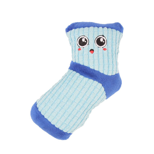 Blue and light blue corduroy sock dog toy with cute embroidered face and rosy cheeks