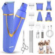 Blue AIBORS dog grooming clipper kit with attachments, combs, scissors and two small dogs