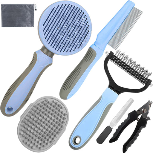 Complete blue and gray dog grooming kit with slicker brush, combs, nail clippers and storage bag