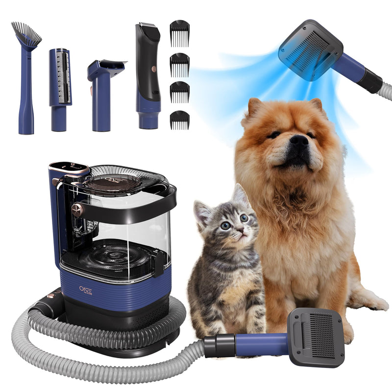 Blue pet grooming vacuum with attachments and hose alongside orange dog and tabby kitten