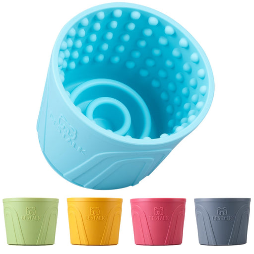 Blue silicone dog lick mat with textured interior dots and spiral design, shown with four color