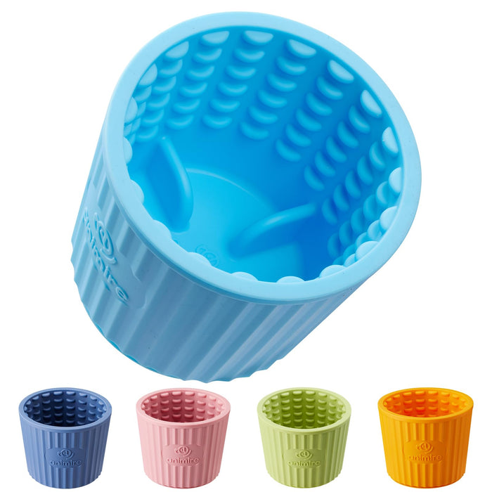 Blue textured dog lick mat with raised bumps and grooves, shown with four colorful variants below