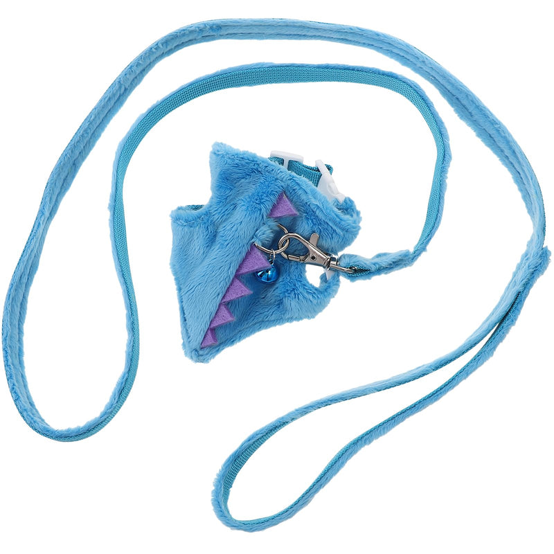 Blue furry dragon-shaped small pet harness with purple spikes and matching leash on white background