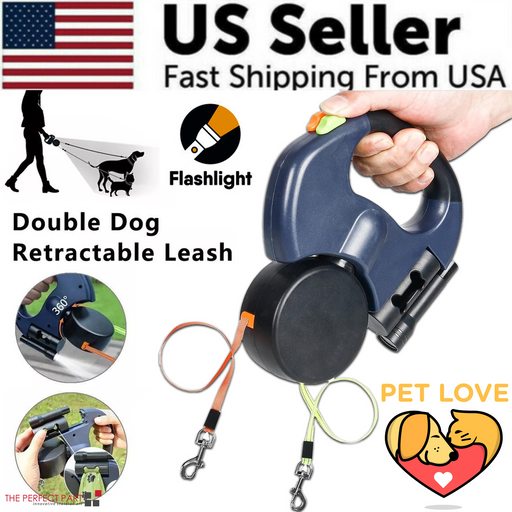 Blue dual dog retractable leash with flashlight and orange/green extending cords for two dogs