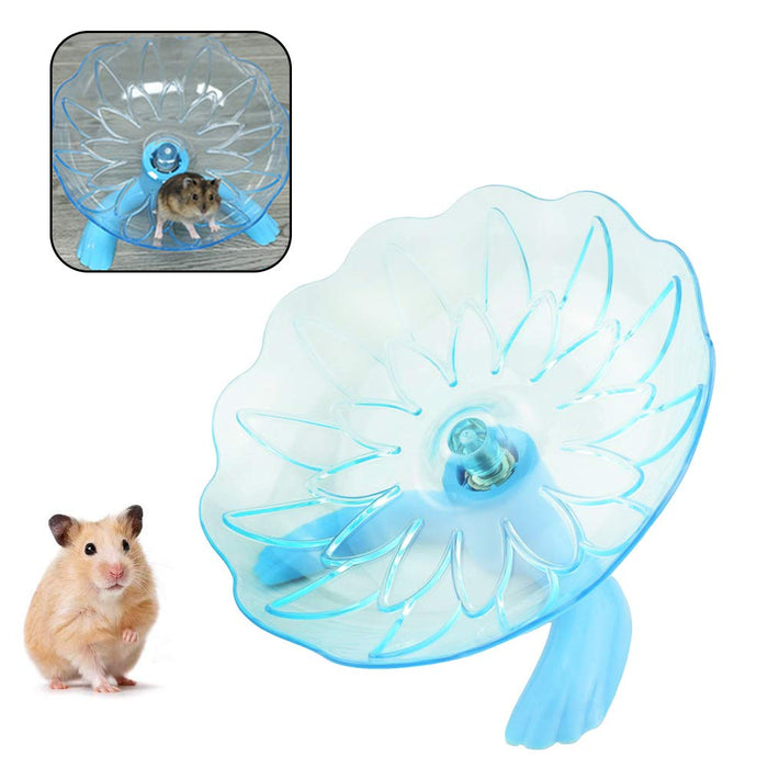 Clear blue hamster exercise wheel with flower-shaped running surface and hamster demonstration