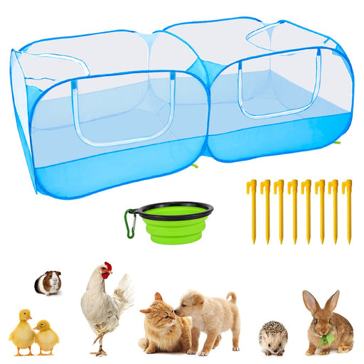 Blue mesh pet playpen with two connected compartments, yellow stakes, green bowl and various
