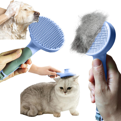 Blue pet grooming brush with massage bristles being used on dog, cat, and showing collected fur