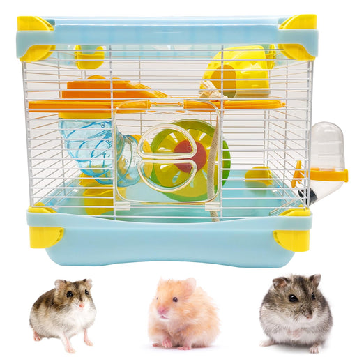 Light blue hamster cage with yellow accents, exercise wheel, tunnels and three hamsters below