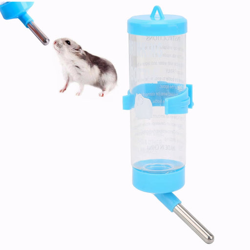 Blue water bottle for hamsters with clear plastic body and metal drinking spout attachment