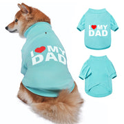 Shiba Inu wearing light blue I Love My Dad dog shirt with front and back shirt views