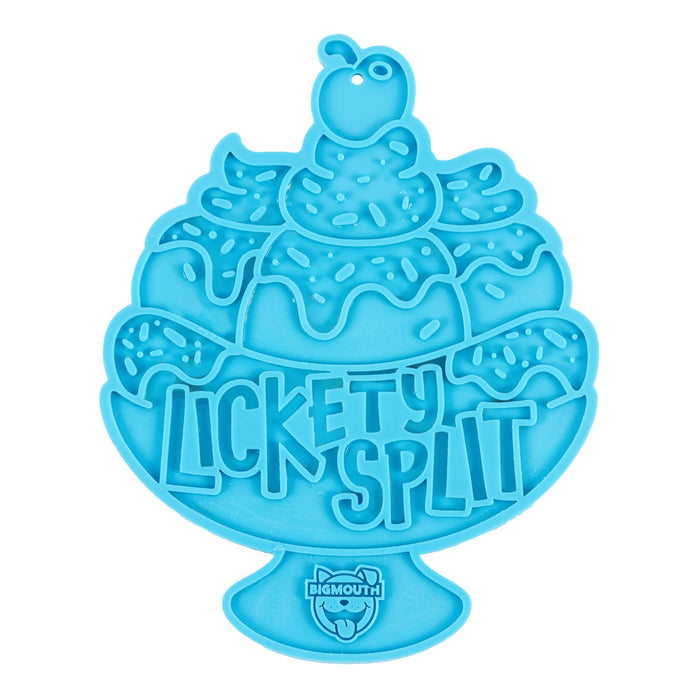 Blue silicone ice cream sundae shaped lick mat with Lickety Split text and cherry on top