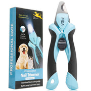 Blue LED dog nail clippers with black handles next to product box showing golden retriever and cat