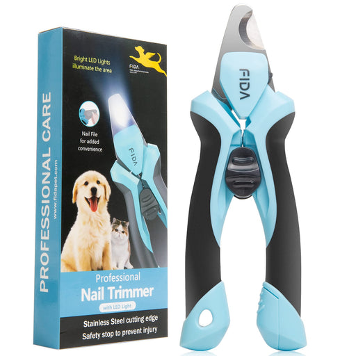 Blue LED dog nail clippers with black handles next to product box showing golden retriever and cat