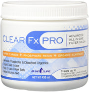 White jar of Blue Life Clear Fx Pro aquarium filter media with blue and orange labeling